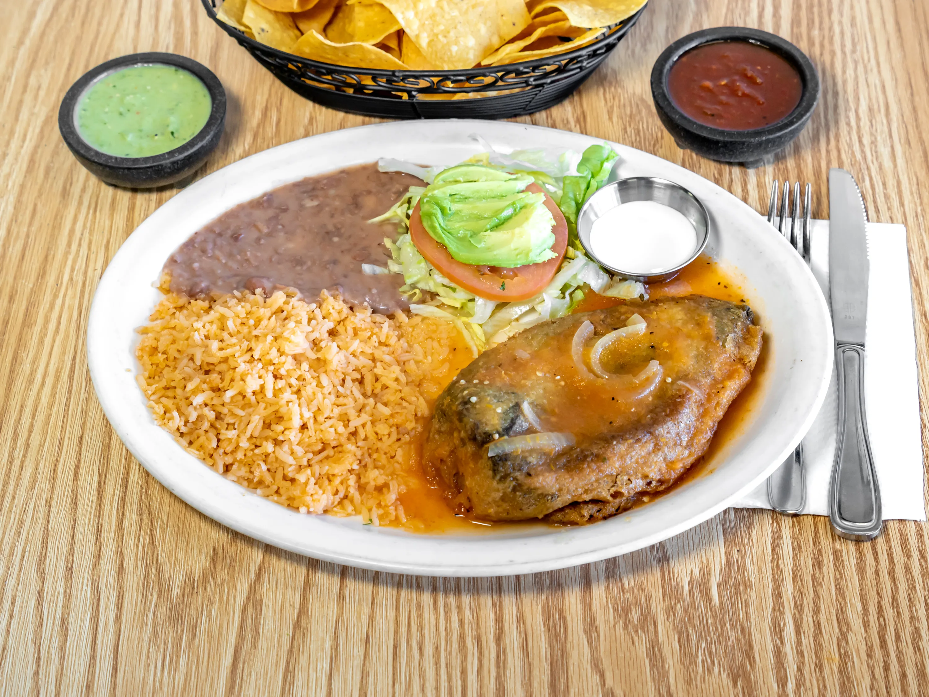 Chile Relleno plate with rice and beans