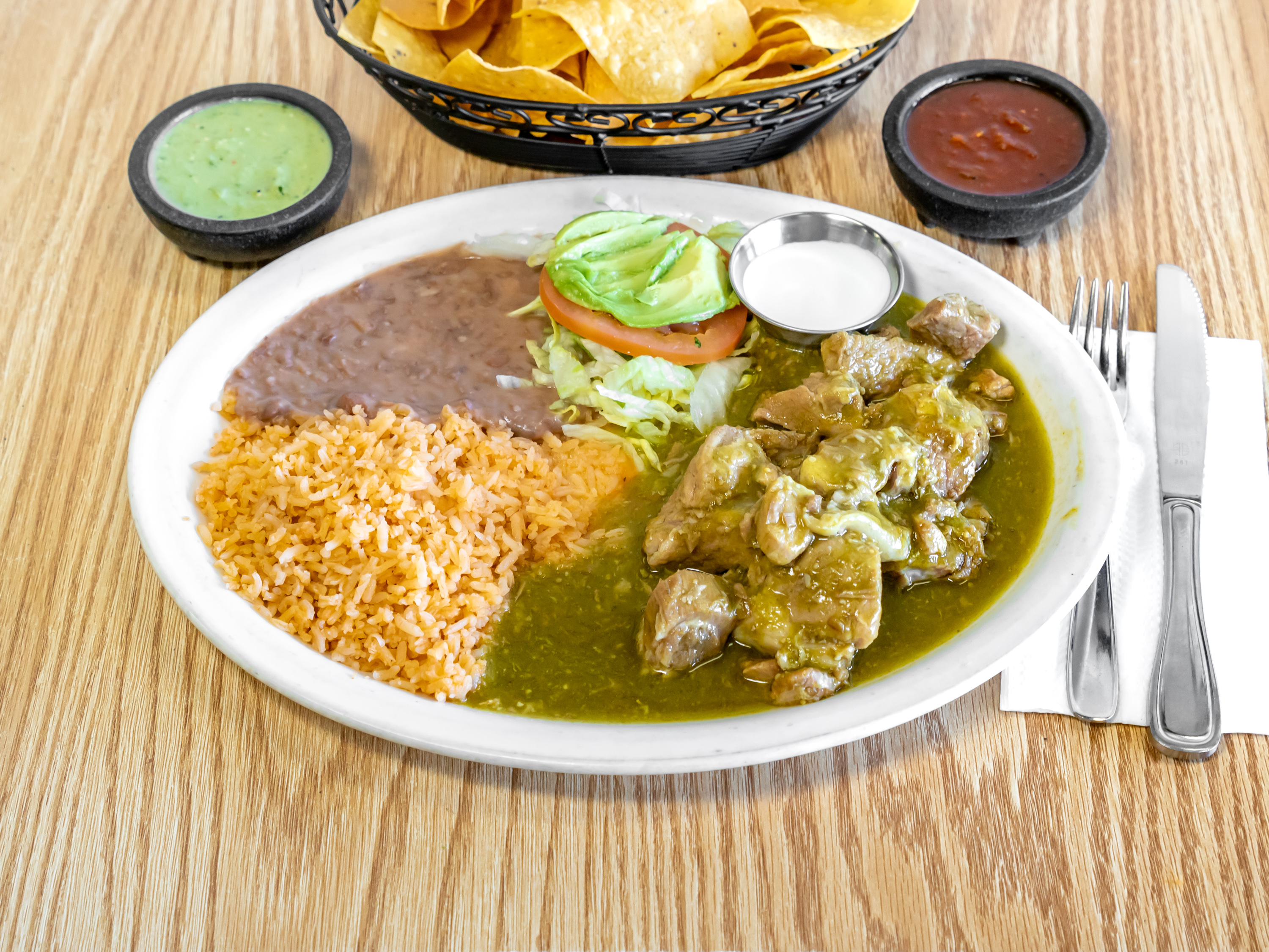 Chile Verde plate with green salsa