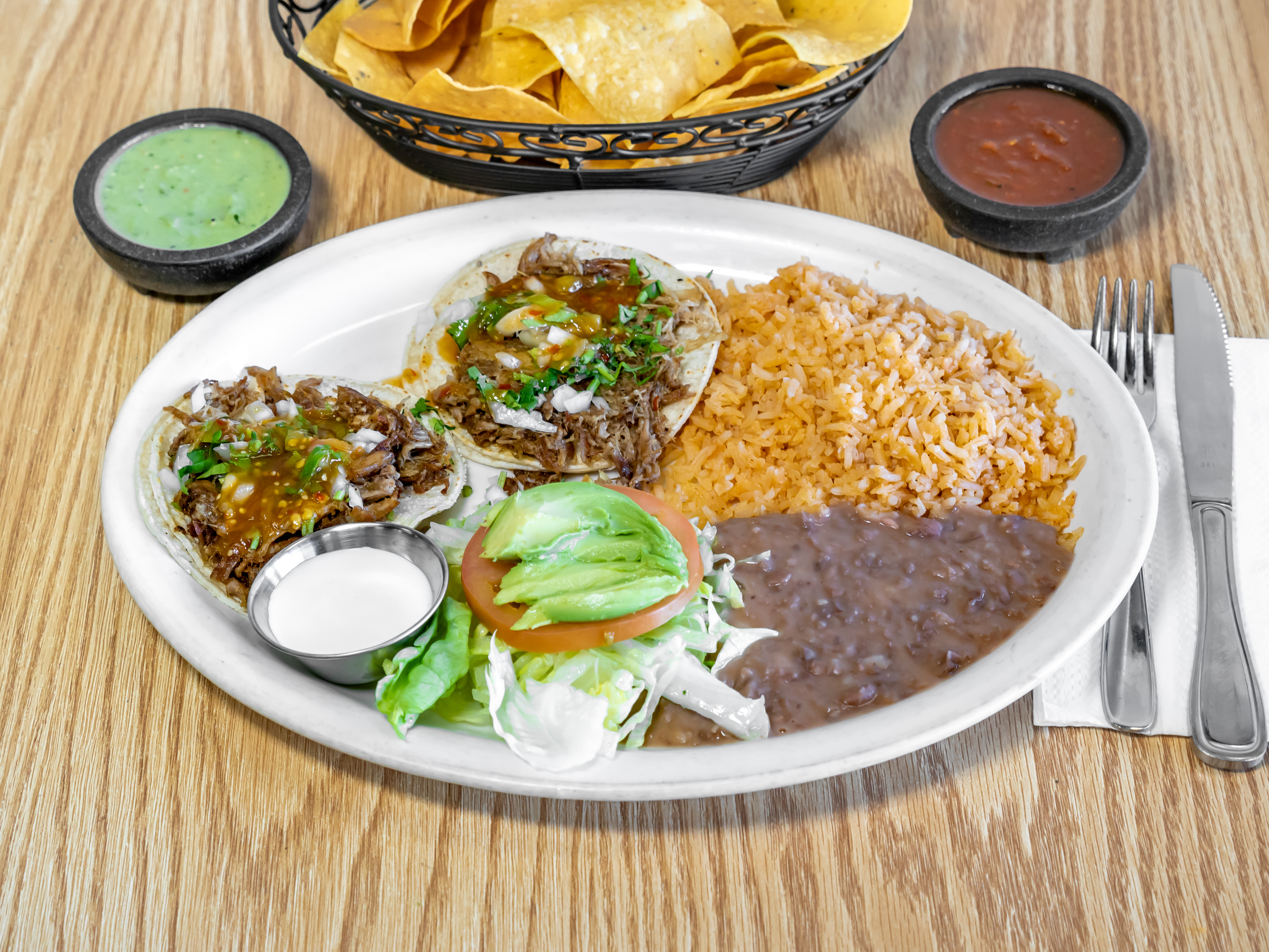 Taco plate with rice and beans