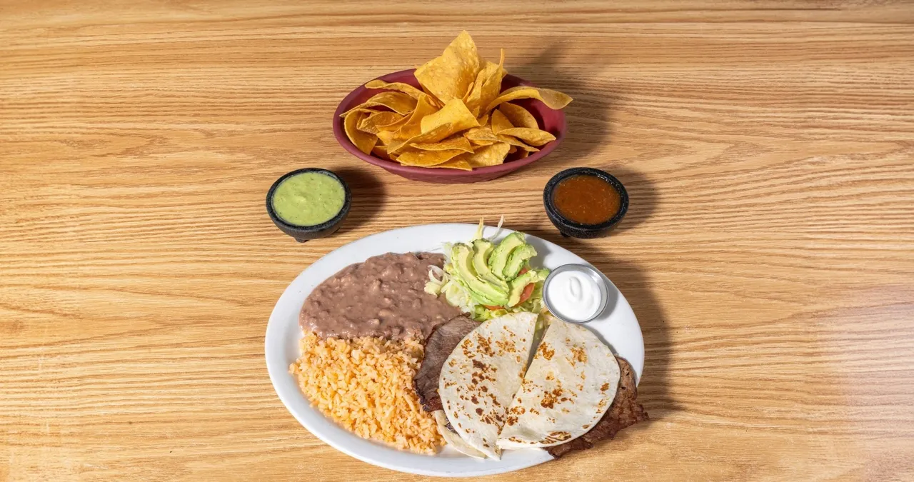 Quesadilla plate with rice and beans